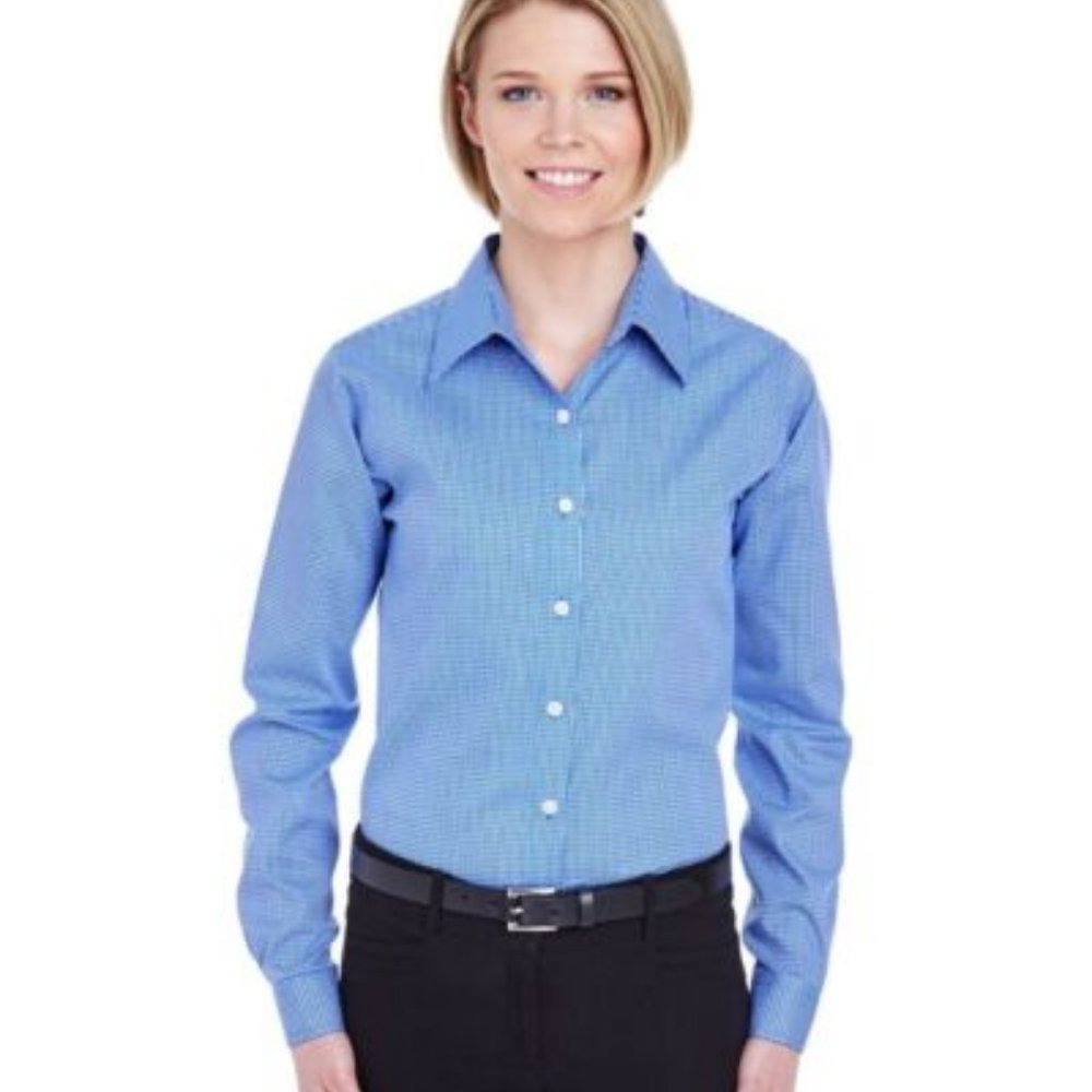 NWT‎ ULTRACLUB WOMEN'S YARN-DYED MICRO-CHECK WOVEN BUTTON DOWN SHIRT FRENCH BLUE